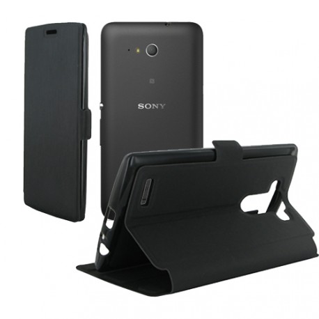Etui portefeuille noir toucher cuir pour Sony Xperia E4g