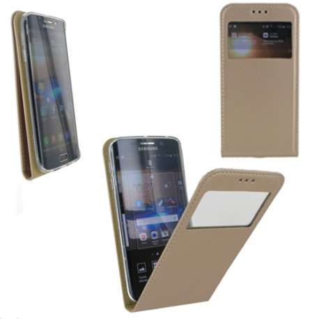 Housse à rabat vertical avec fenêtre pour Samsung Galaxy S6 Edge Or
