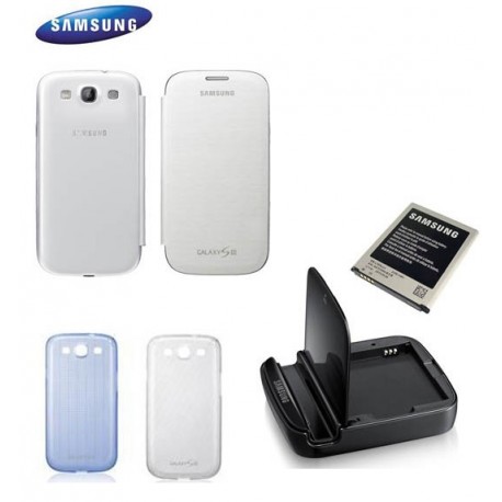 Pack Samsung Galaxy S3 avec une station de charge, une batterie, un étui d'origine et 2 coques silicones