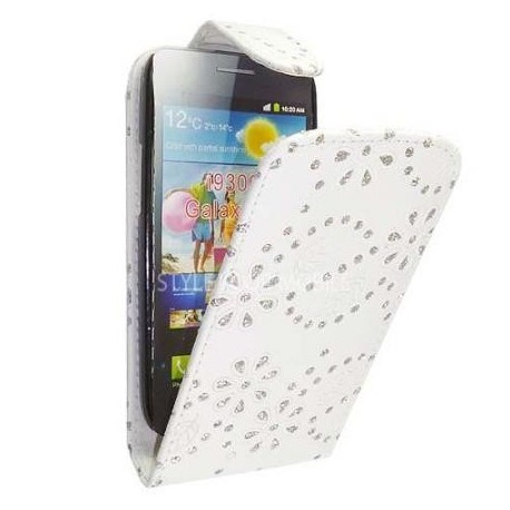 Housse blanche rabat avec strass pour Samsung Galaxy S3 mini - étui strass